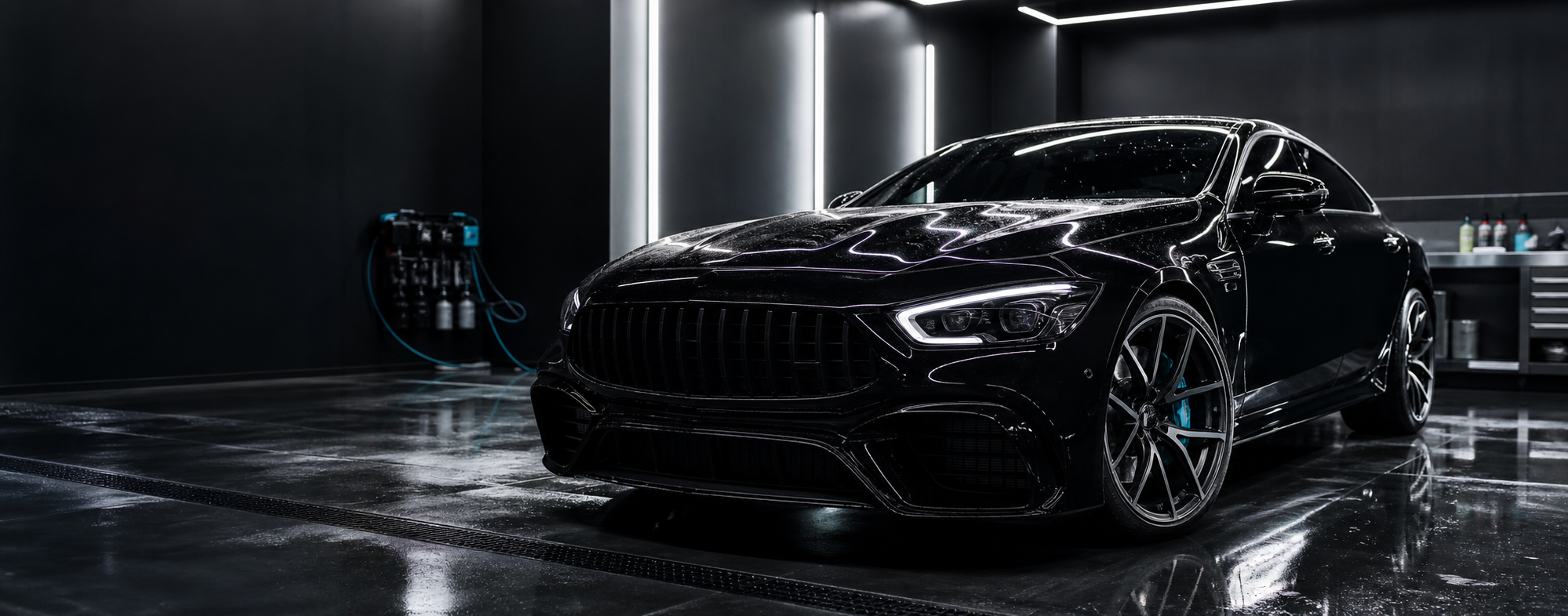 Glossy black vehicle in a professional detailing bay